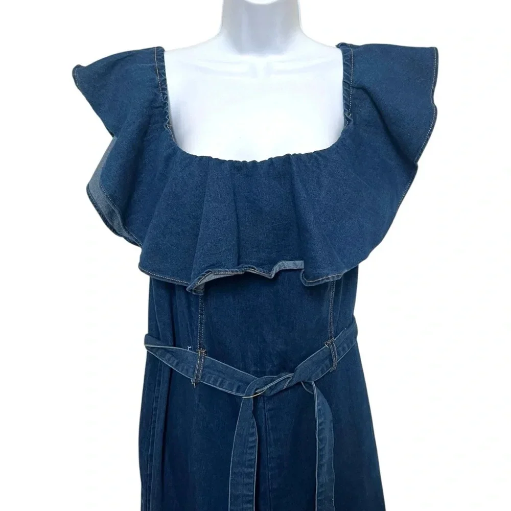 Denim Wide Leg‎ Ruffle Neckline Jumpsuit Size 3XL